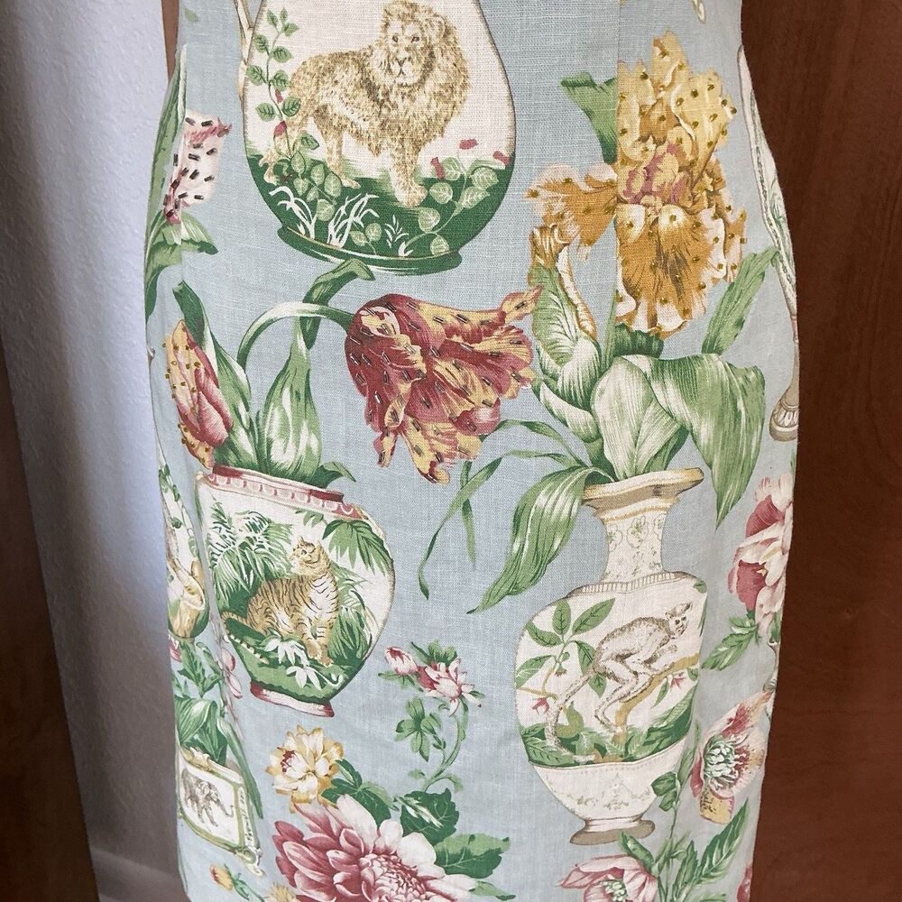 Virgo Chinoiserie Linen Sheath Dress Sz. 10P Beaded Grand Millennial 90’s Floral - Picture 4 of 16